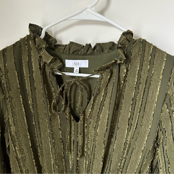 NSR Olive Green Ruffle Tiered Long Sleeve Mini Dress Medium M Textured Blouson - Picture 4 of 10
